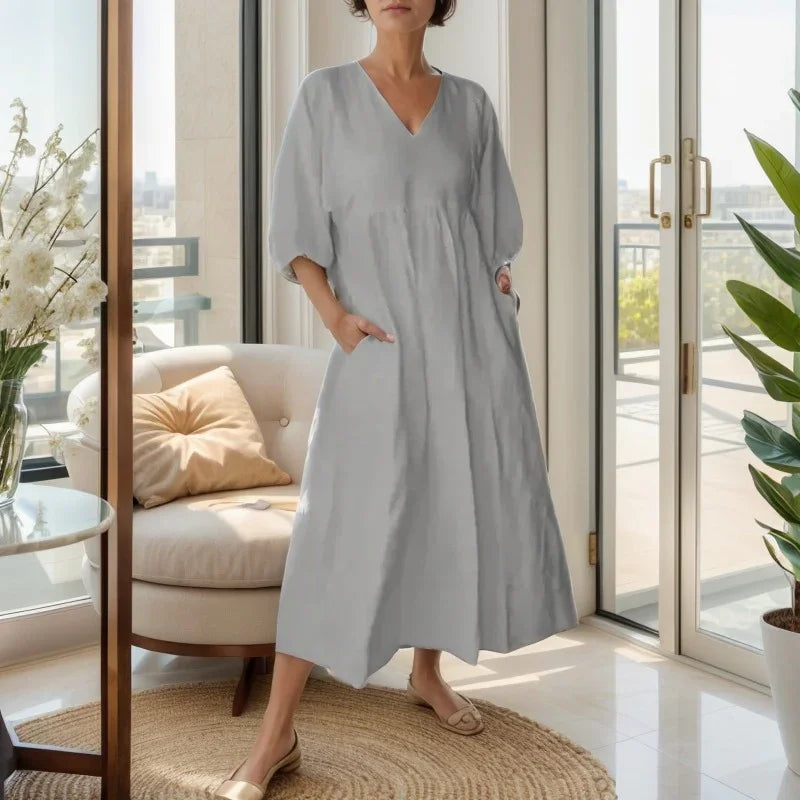 Vestido Alma Livre™ em Linho de Algodão com Gola V e Manga Ampla