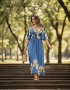 Vestido Estampado com Bolsos e Manga Sol