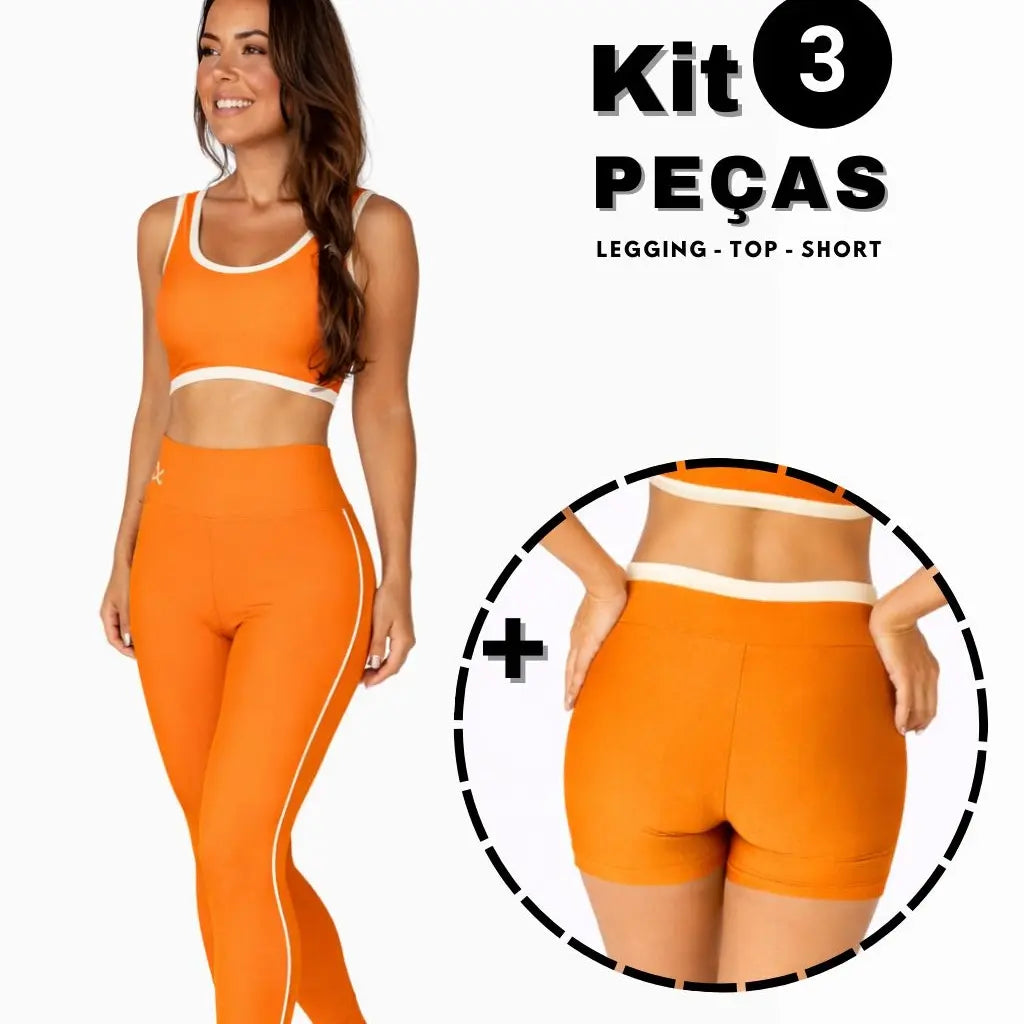 Kit Fitness Feminino 3 Peças – Top, Shorts e Legging Cintura Alta
