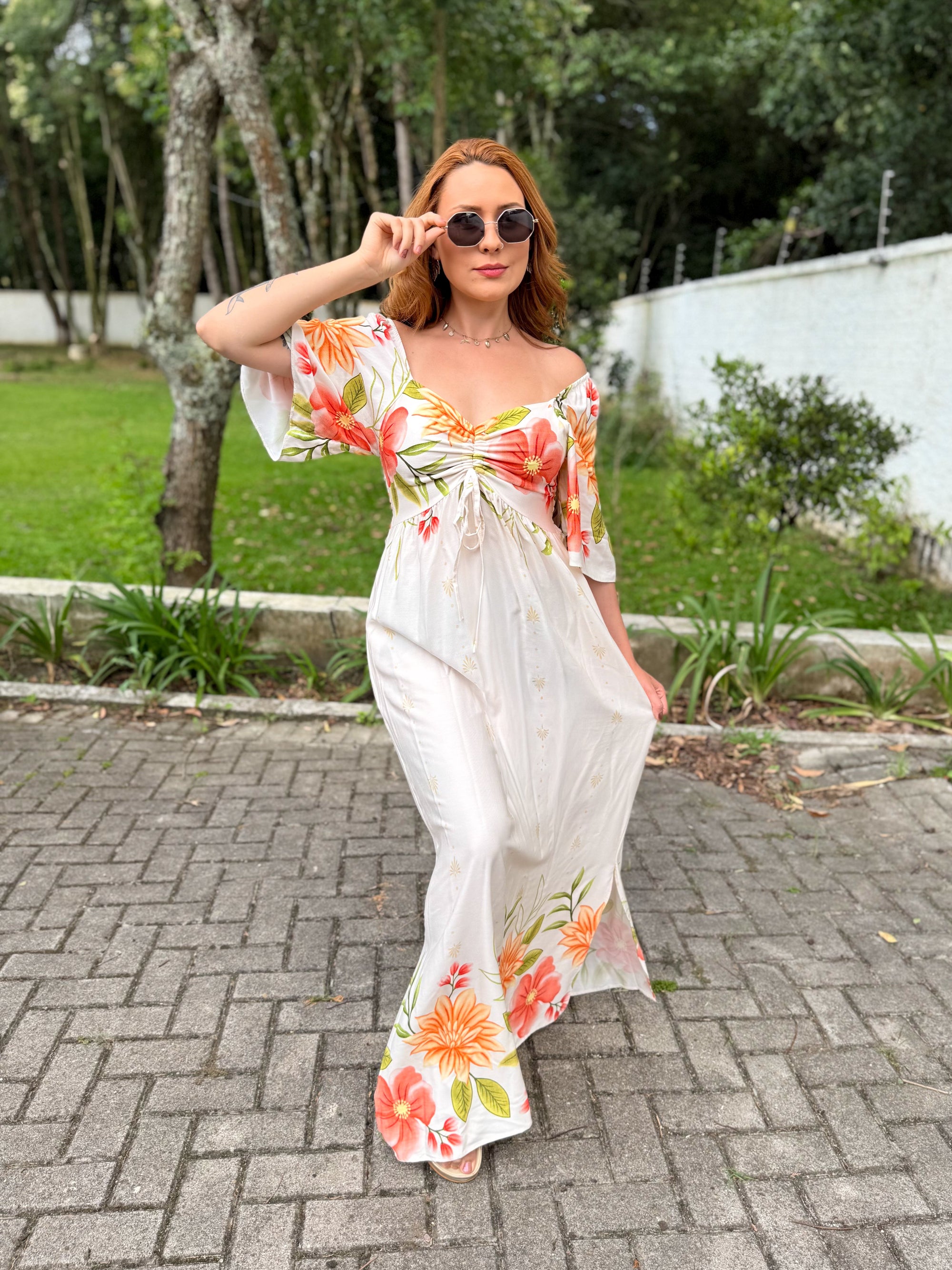 Vestido Estampado com Bolsos e Manga Sol