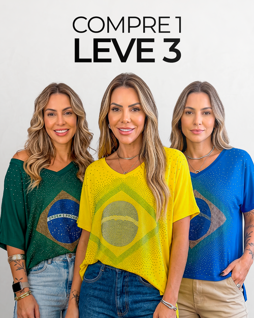 Blusa Brasil Gola V com Pedraria (Compre 1 Leve 3)