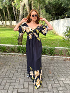 Vestido Estampado com Bolsos e Manga Sol
