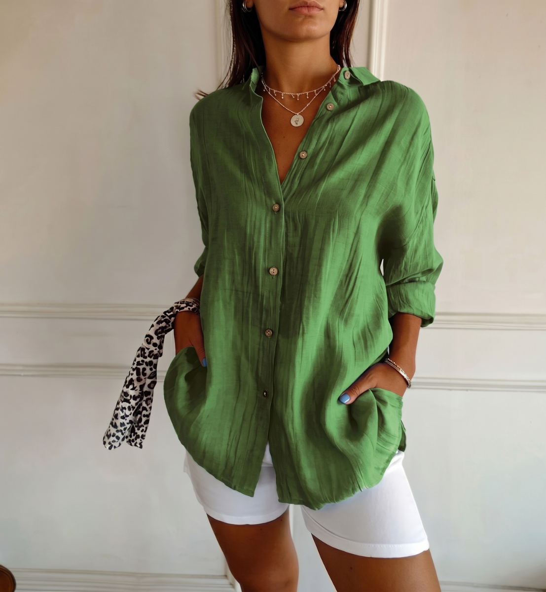[Liquidação: Compre 1 e Leve 3] Camisa Ibiza™ em Linho de Algodão com Design Semi Plissado / Conforto e Estilo que Abraçam a Mulher Elegante!