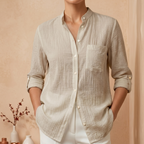 [Compre 1 e Leve 3] Camisa Adelaide™ em Linho de Algodão com Gola Mandarin / Elegância e Conforto que Se Reinventam em Cada Ocasião!