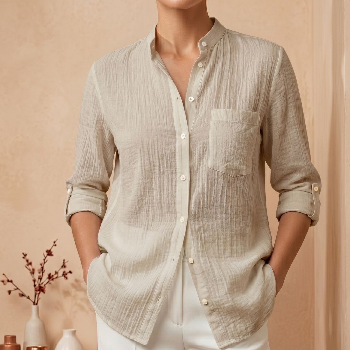 [Compre 1 e Leve 3] Camisa Adelaide™ em Linho de Algodão com Gola Mandarin / Elegância e Conforto que Se Reinventam em Cada Ocasião!