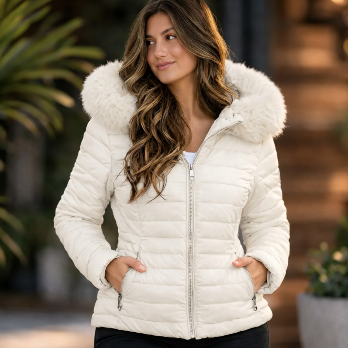 Jaqueta Puffer Forrada Impermeável com Capuz de Pelinho - Premium