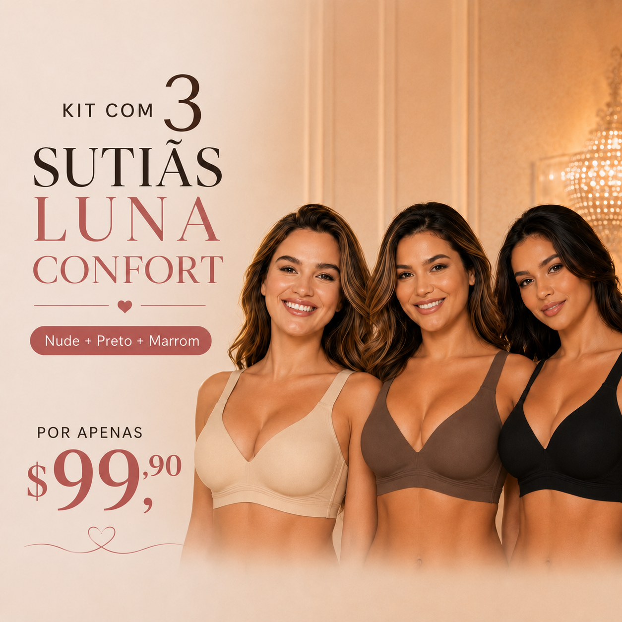 Kit 3 Sutiãs Luna Comfort™ - Sem Aro, Sem Marcas, Busto Elevado