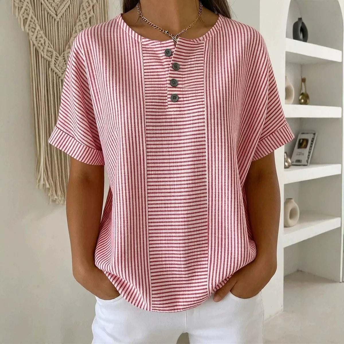 (Compre 1 Leve 2) Blusa Euddora™ Com Listras Delicadas e Botões Frontais
