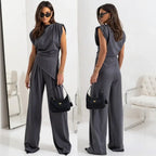 Conjunto Bellanova™ com Blusa de Design Drapeado e Calça Pantalona Elegante