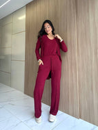 Conjunto Feminino 3 Peças: Cardigan Longo, Blusa e Calça Pantalona