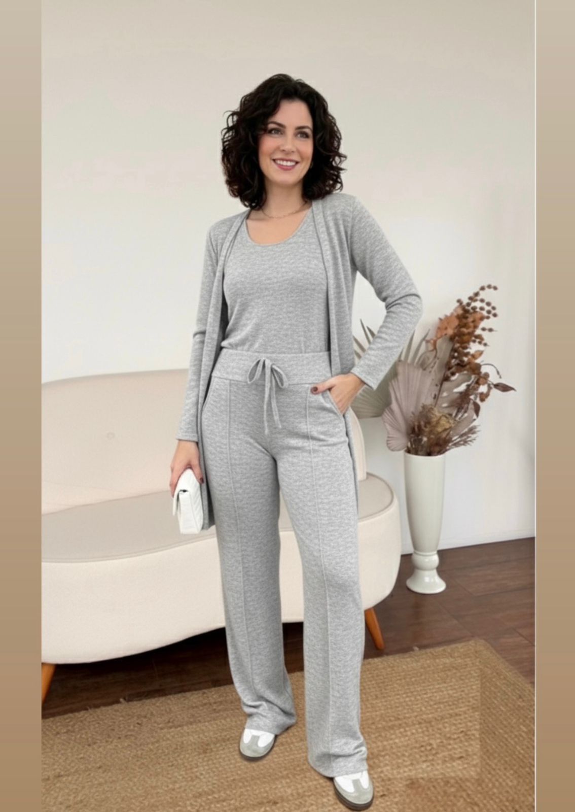 Conjunto Feminino 3 Peças: Cardigan Longo, Blusa e Calça Pantalona ( Promoção Válida Apenas Hoje)
